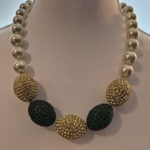 Joan Boyce Emerald Green and Gold Swarovski Crystal Egg Pearl Necklace